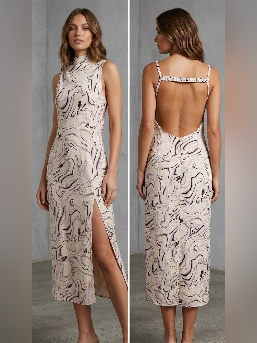 CIDER Sleeveless Marble-Print Midi Dress in Cream XL